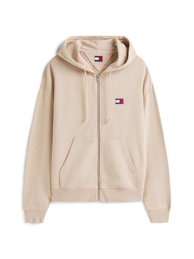Beige Zip-Hoodie aus Baumwoll-Mix. Besitzt eine große Fronttasche, gerippte Bündchen und ein Logopatch auf der Brust. Mit Kapuze.