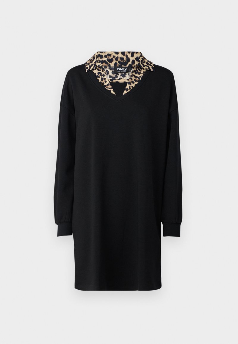 Schwarzes Kleid mit V-Ausschnitt und langen Ärmeln, mit einem Kragen im Leopardenmuster. Aus weichem Stoff gefertigt, hat es eine lockere Silhouette.