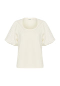 Cremfarbendes, kurzärmeliges T-Shirt mit rundem Ausschnitt und Puffärmel, hergestellt aus weichem Baumwollstoff. Minimalistisches Design, ohne Muster.