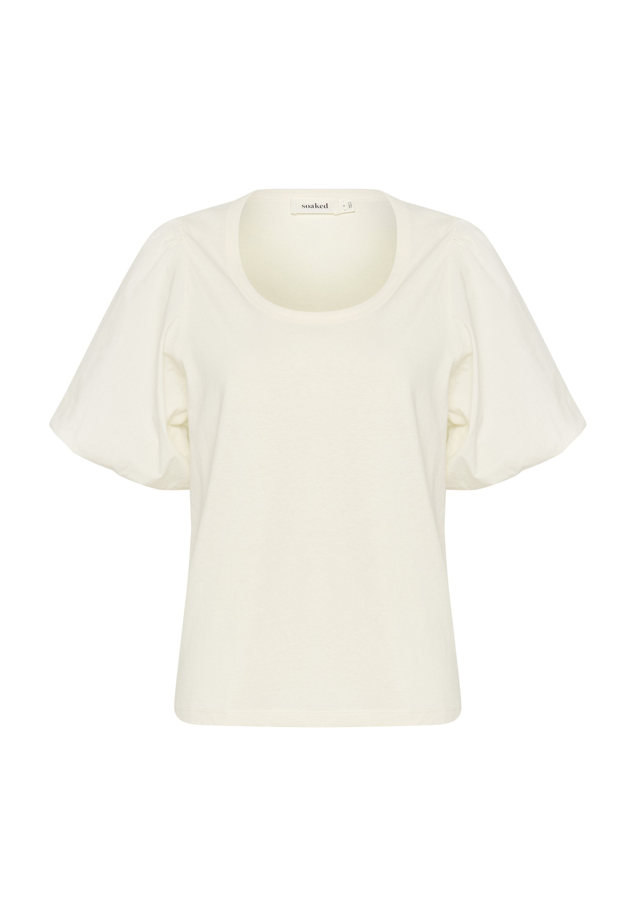 Cremfarbendes, kurzärmeliges T-Shirt mit rundem Ausschnitt und Puffärmel, hergestellt aus weichem Baumwollstoff. Minimalistisches Design, ohne Muster.
