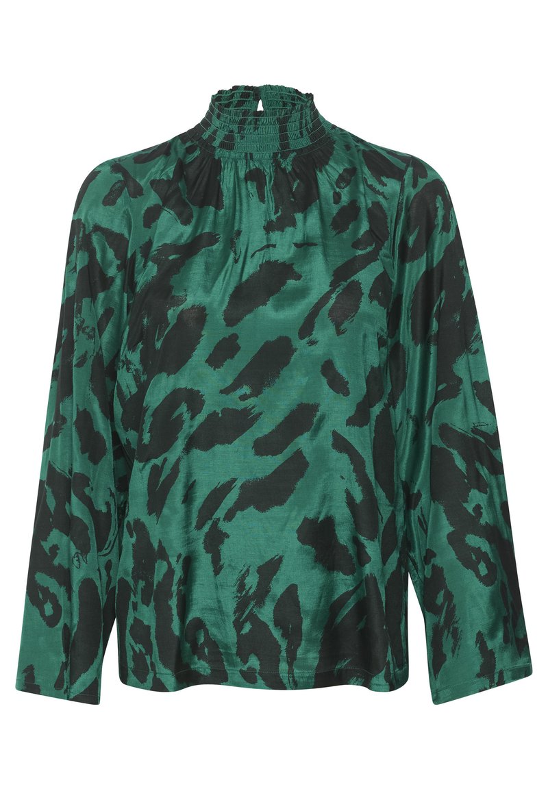 Grüne Bluse mit langen Ärmeln, schwarzem abstraktem Tiermuster und gerafftem hohen Ausschnitt mit Schlüssellochdetail.