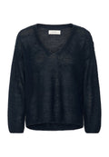 Schwarz locker gestrickter V-Ausschnitt-Pullover mit langen Ärmeln und leicht geschwungenem Saum.