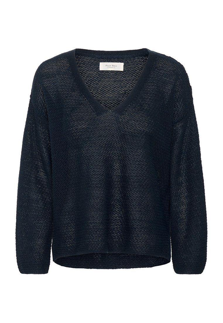 Schwarz locker gestrickter V-Ausschnitt-Pullover mit langen Ärmeln und leicht geschwungenem Saum.