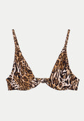 Leopardprint-Bikinioberteil mit dünnen, verstellbaren Schultergurten und vorderer Verschluss auf einfarbigem Hintergrund.