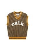 Ärmellose Strickweste in Dunkelgrün mit senkrechten gelben Streifen. Verfügt über ein weißes "YALE"-Logo auf der Vorderseite und ein V-Ausschnitt-Design.