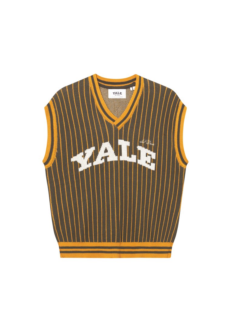 Ärmellose Strickweste in Dunkelgrün mit senkrechten gelben Streifen. Verfügt über ein weißes "YALE"-Logo auf der Vorderseite und ein V-Ausschnitt-Design.