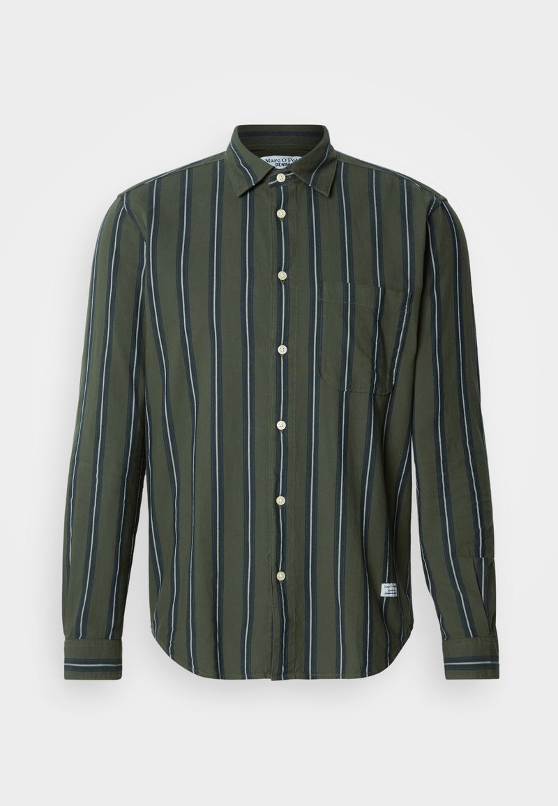 Grünes Langarmshirt mit vertikalen Streifen in Marineblau und Weiß. Verfügt über eine durchgehende Knopfleiste, einen Kragen und eine einzelne Brusttasche.