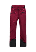 Bordeauxrote wasserdichte Skihose mit schwarzen unteren Beinen. Verfügt über Reißverschlusstaschen, verstellbaren Bund und glatte Textur.