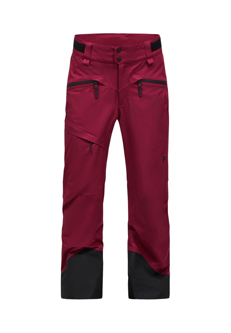 Bordeauxrote wasserdichte Skihose mit schwarzen unteren Beinen. Verfügt über Reißverschlusstaschen, verstellbaren Bund und glatte Textur.
