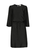 Schwarzes Kleid mit dreiviertel Puffärmeln, strukturiertem Stoff, Rundhalsausschnitt, Kordelzug-Taille und einem Reißverschluss hinten.
