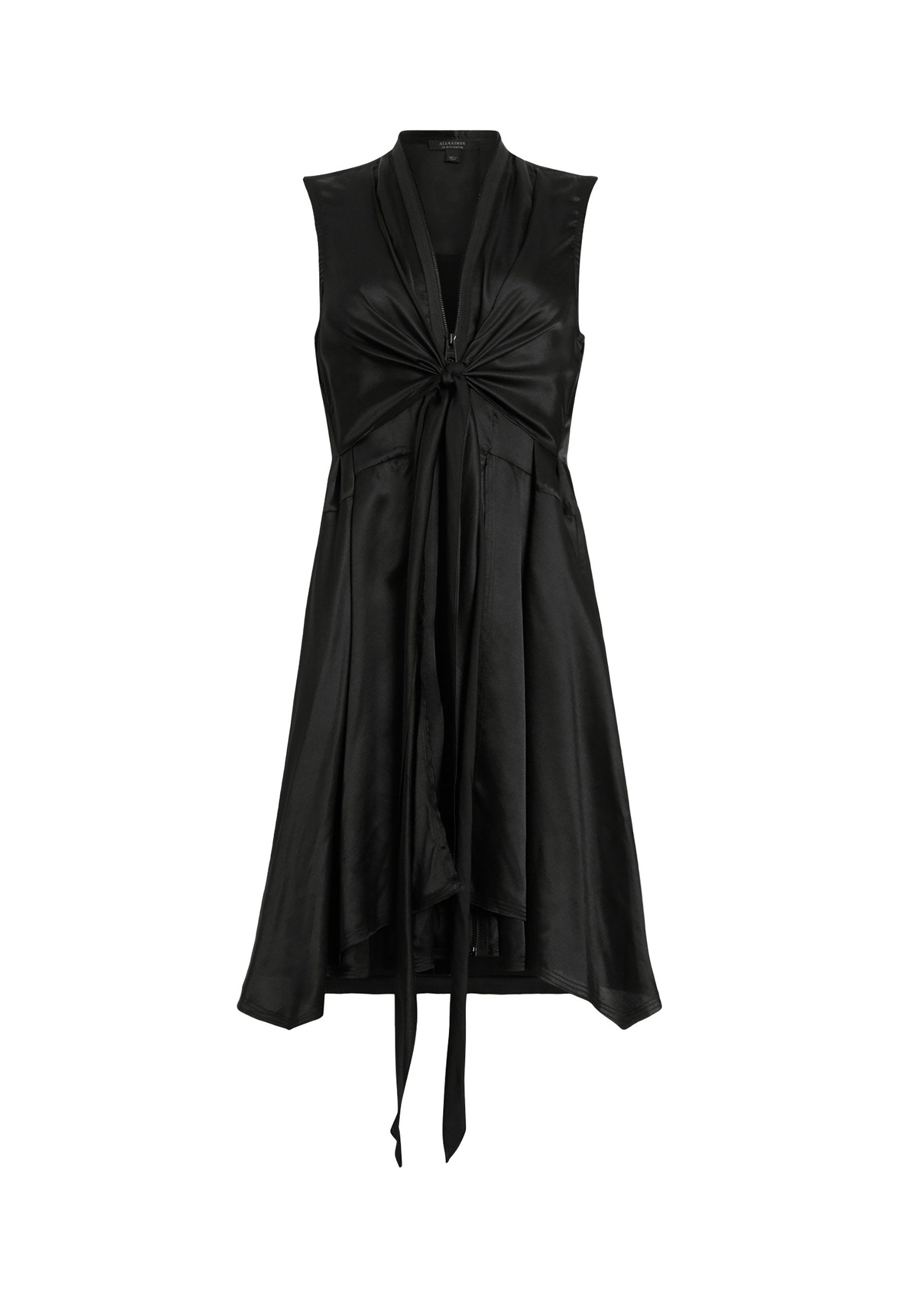 Schwarzes ärmelloses Kleid aus Satin mit einem gedrehten Frontdesign, fließendem Saum und zwei Stoffbindefäden an der Taille für eine verstellbare Passform.