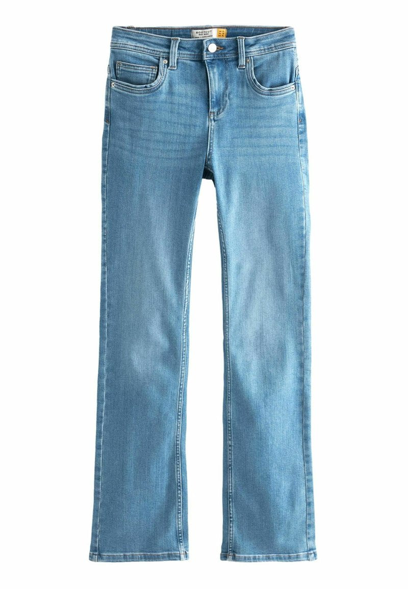 Hellblaue Denim-Jeans mit geradem Bein, fünf Taschen und einem Knopfverschluss. Verfügt über kontrastierende Nähte und dezente Ausbleichungen.