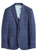 Marineblauer Blazer mit Karomuster, ausgestattet mit zwei Fronttaschen, einem Ein-Knopf-Verschluss und einer hellblauen gemusterten Fütterung.