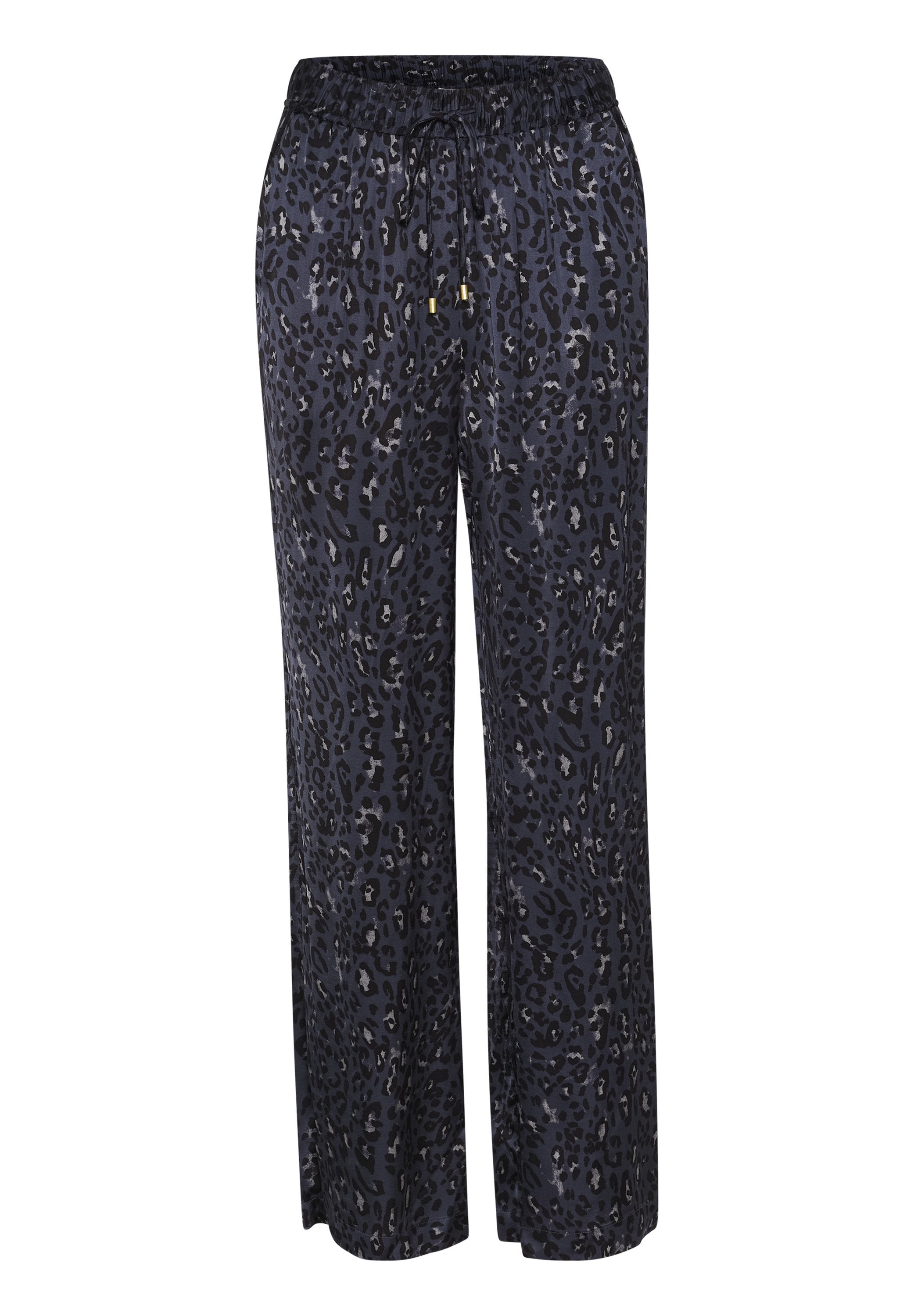 Schwarz-graue Leopardenmuster-Hosen aus weichem Stoff, mit einem elastischen Kordelzugbund und einem lockeren, geraden Bein-Design.
