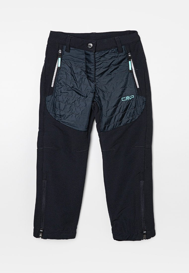 Schwarze gepolsterte Outdoor-Hosen mit Reißverschlusstaschen vorne, CMP-Logo am Oberschenkel und Reißverschlüssen an beiden Beinen.