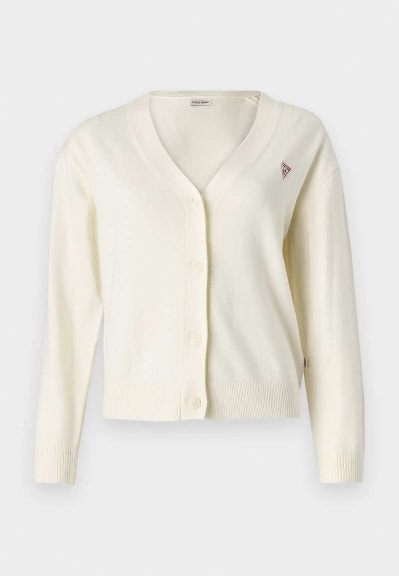 Cremfarbener Cardigan mit V-Ausschnitt, Knopfleiste, langen Ärmeln, gerippten Bündchen und Saum. Mit einem kleinen dreieckigen Logo auf der Brust.