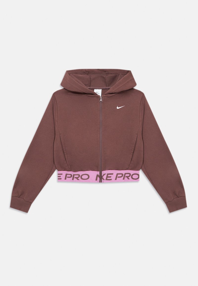 Brauner Reißverschluss-Hoodie von Nike mit Kapuze und rosa elastischem Bund mit dem Schriftzug "NIKE PRO" sowie weißem Nike-Swoosh auf der Brust.