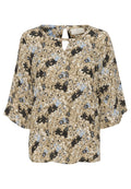 Beige Bluse mit floralen Motiven in Schwarz und Blau. Verfügt über einen Schlüsselausschnitt und lockere Ärmel, aus leichtem Material gefertigt.