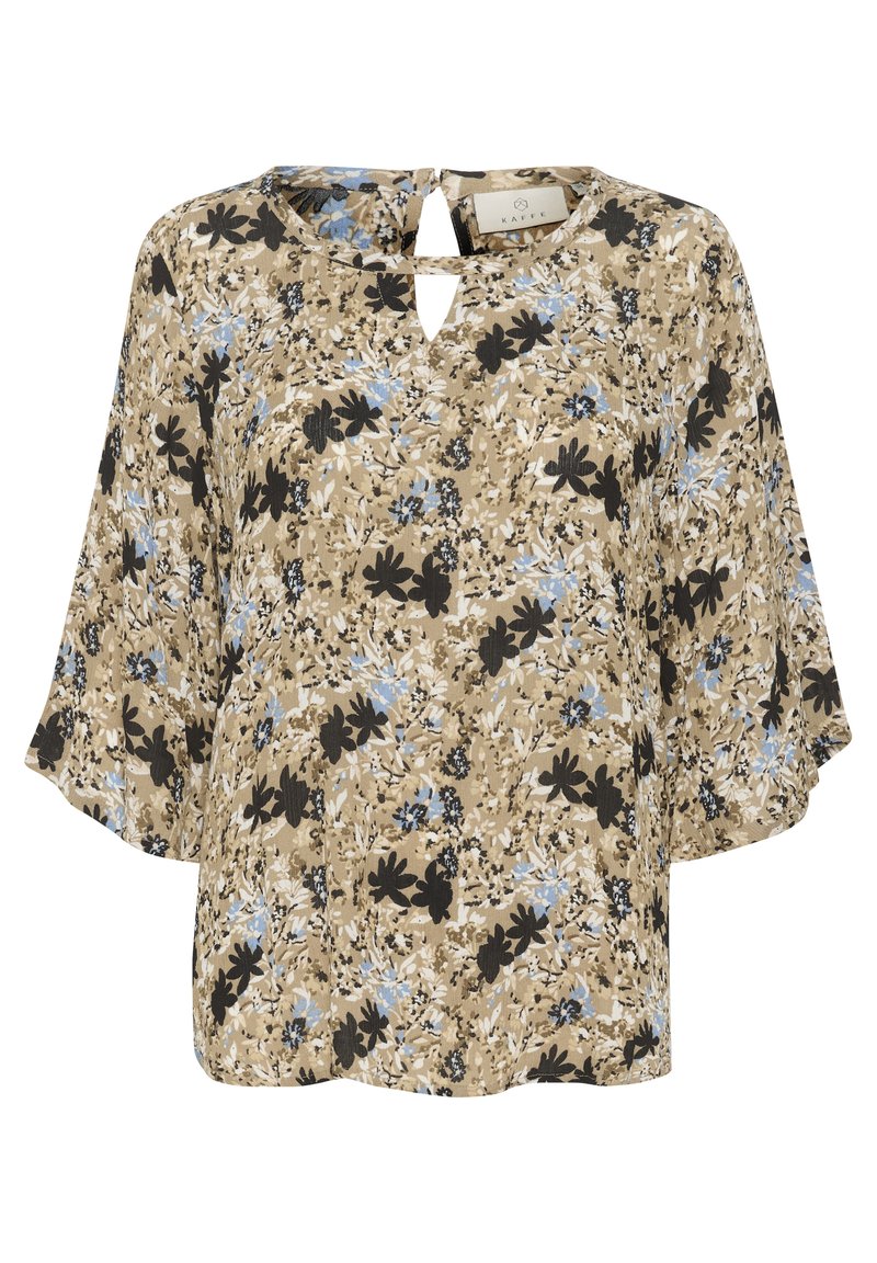 Beige Bluse mit floralen Motiven in Schwarz und Blau. Verfügt über einen Schlüsselausschnitt und lockere Ärmel, aus leichtem Material gefertigt.