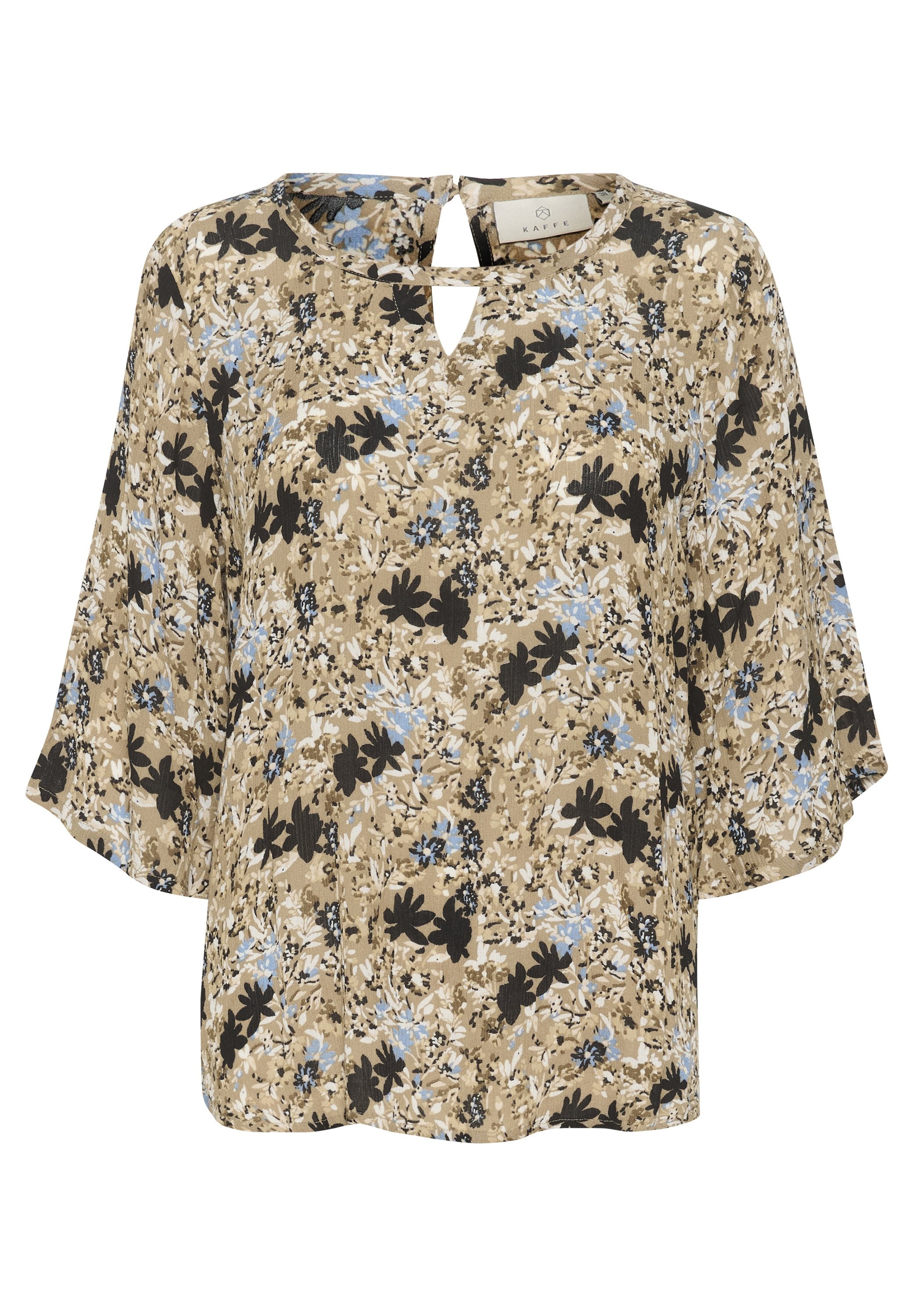 Beige Bluse mit floralen Motiven in Schwarz und Blau. Verfügt über einen Schlüsselausschnitt und lockere Ärmel, aus leichtem Material gefertigt.