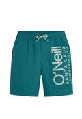 Türkise Badeshorts mit elastischem Bund und weißem Kordelzug, mit großem vertikalem O'Neill Santa Cruz California USA-Logo am rechten Bein.