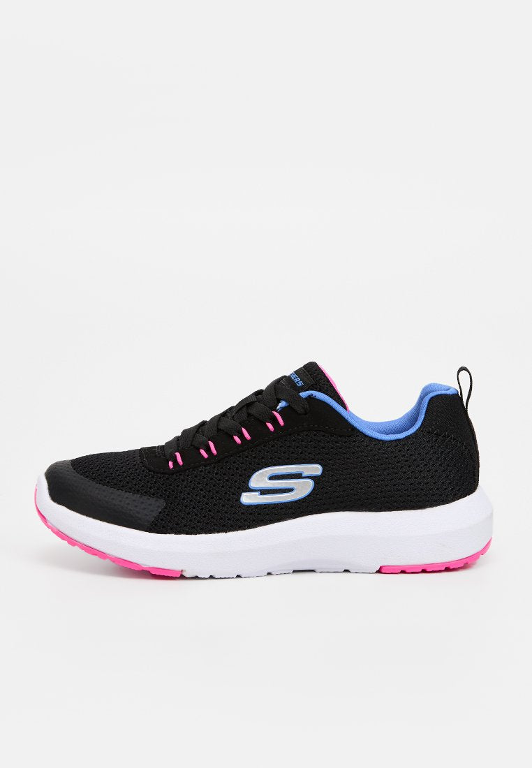 Schwarzer Sportschuh mit Mesh-Obermaterial, rosa Akzenten und weißer Sohle. Verfügt über blaue Akzente und ein Logo an der Seite. Leichtes Design für Komfort.