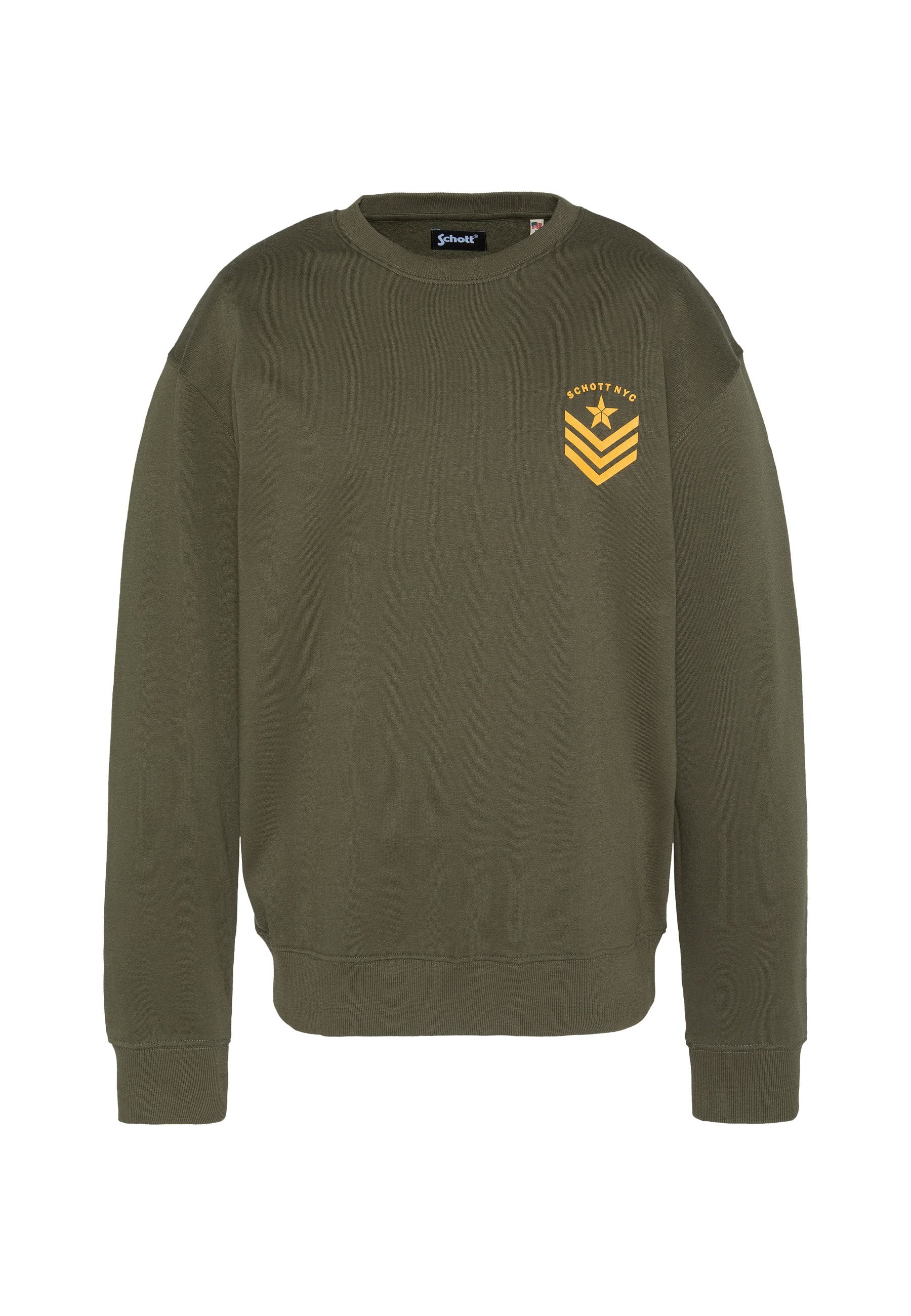 Olivgrüner Baumwollpullover mit Rundhalsausschnitt, gerippten Bündchen und gelbem Brustmotiv mit Sternen und Spitzen.