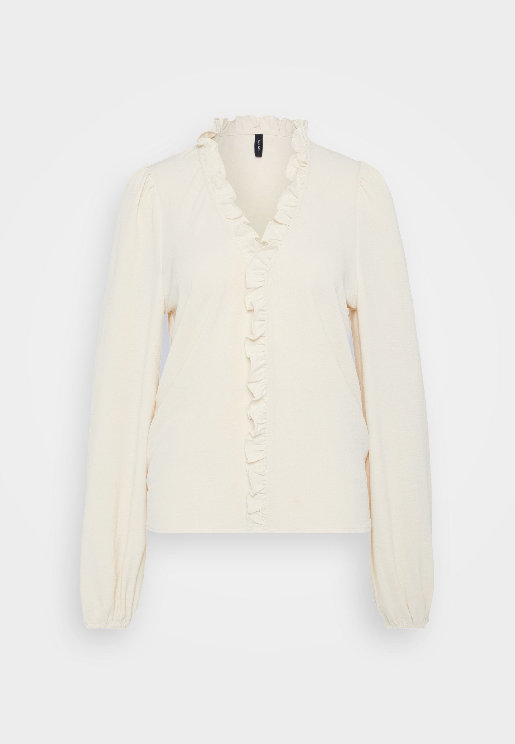 Langärmlige, cremfarbene Bluse mit einem Rüschenausschnitt in V-Form, gerafften Ärmeln und einer taillierten Silhouette. Glatte Textur ohne Muster.