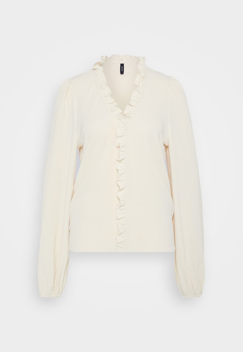 Langärmlige, cremfarbene Bluse mit einem Rüschenausschnitt in V-Form, gerafften Ärmeln und einer taillierten Silhouette. Glatte Textur ohne Muster.