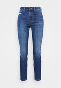 Dunkelblaue Jeans aus Denim mit hoher Taille, Slim-Fit und klassischem Fünf-Pocket-Design. Gestickte Details an den Taschen und Knopfverschluss.