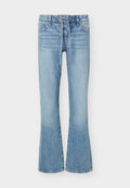 Hellblaue Denim-Flared-Jeans mit schnürbarem Frontverschluss, fünf Taschen und Gürtelschlaufen, mit verblassten Details an Oberschenkeln und Knien.
