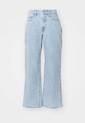 Helleblaue, hochtaillierte Denim-Jeans mit weiter Beinform, ausgestattet mit einem rohen Saum und zwei vorderen Taschen. Unverzierte, klassische Optik.