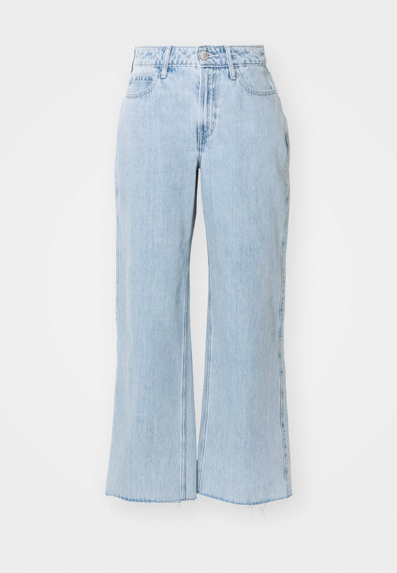 Helleblaue, hochtaillierte Denim-Jeans mit weiter Beinform, ausgestattet mit einem rohen Saum und zwei vorderen Taschen. Unverzierte, klassische Optik.