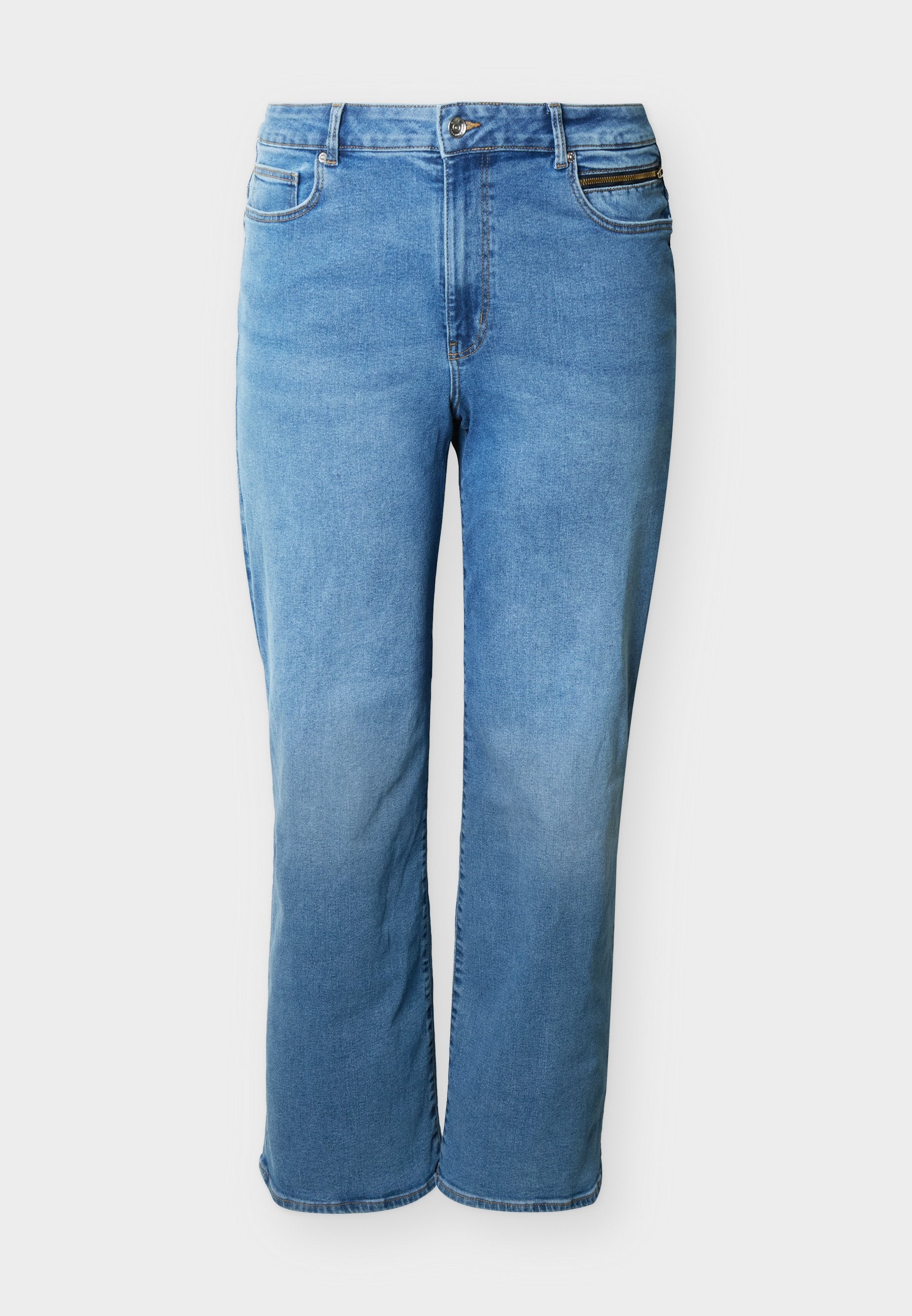 Hellblaue Jeans mit geradem Bein, Frontknopf und Reißverschluss, vorderen und hinteren Taschen sowie einer kleinen Reißverschlosstasche an der vorderen rechten Seite.