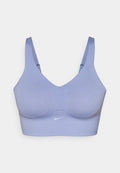 Helles lila Sport-BH mit glatter Textur, tiefem V-Ausschnitt, breiten Trägern und weißem Nike-Logo. Mesh-Details auf der Vorderseite.