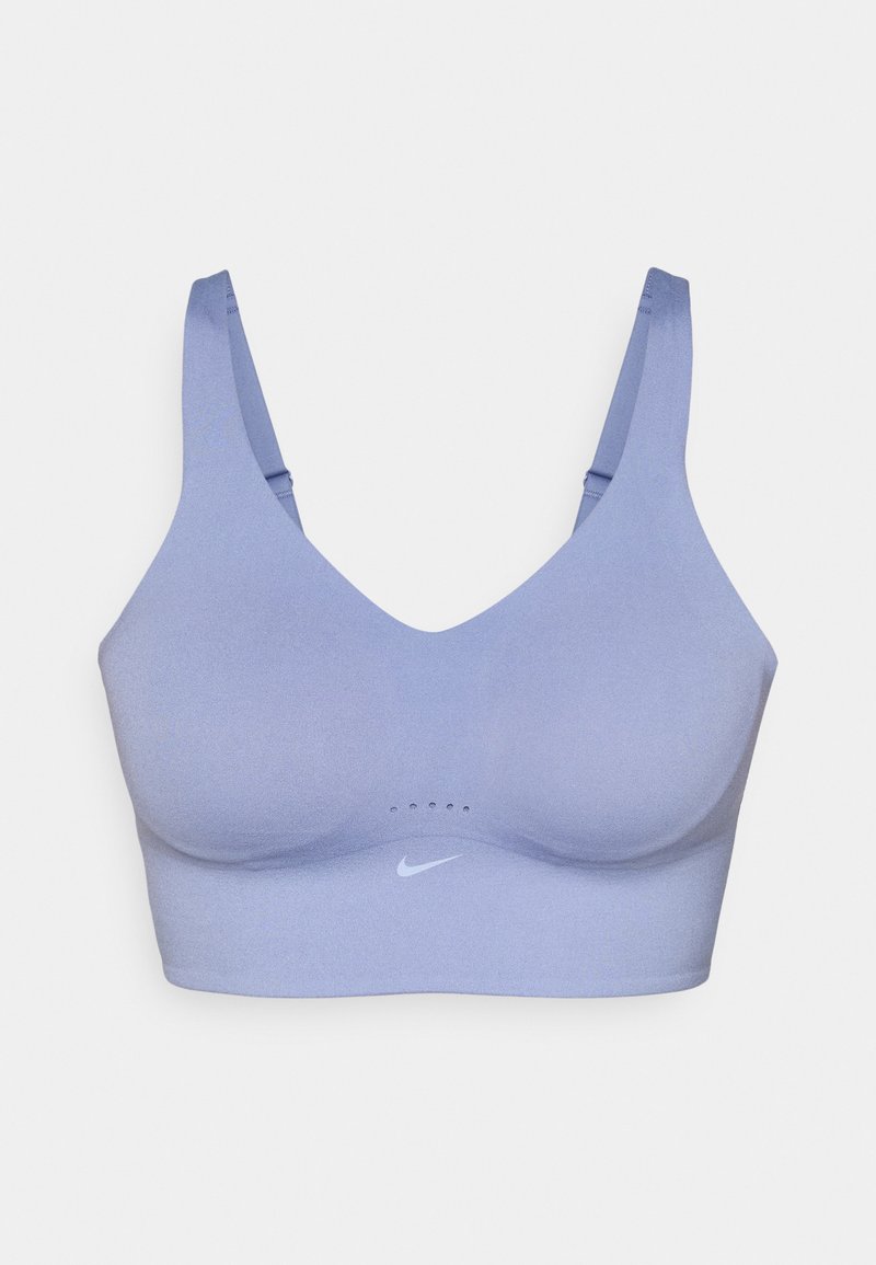 Helles lila Sport-BH mit glatter Textur, tiefem V-Ausschnitt, breiten Trägern und weißem Nike-Logo. Mesh-Details auf der Vorderseite.