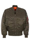 Olivgrüne Bomberjacke mit Reißverschluss vorne, gerippten Bündchen und Saum, einem orangefarbenen Innenfutter und einer Seitentasche mit einem roten Akzentband.