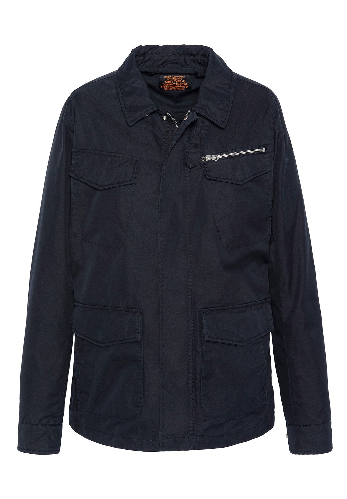 Marineblaue Jacke mit einer Reißverschlusstasche auf der Brust, zwei vorderen Klappentaschen und einem Kragen. Hergestellt aus strapazierfähigem Material mit matter Oberfläche.