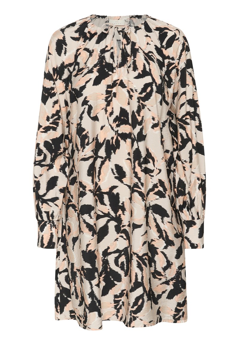 Kleid mit floralem Muster und lockerer Passform. Es hat lange Ärmel, einen gerafften Halsauschnitt und die Farben Creme, Schwarz und Pfirsich. Weicher Stoff.