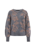 Grauer Pullover mit langen Ärmeln, strukturiertem Stoff und floralen Mustern in metallischen Roséakzenten. Rundhalsausschnitt und entspannte Passform.