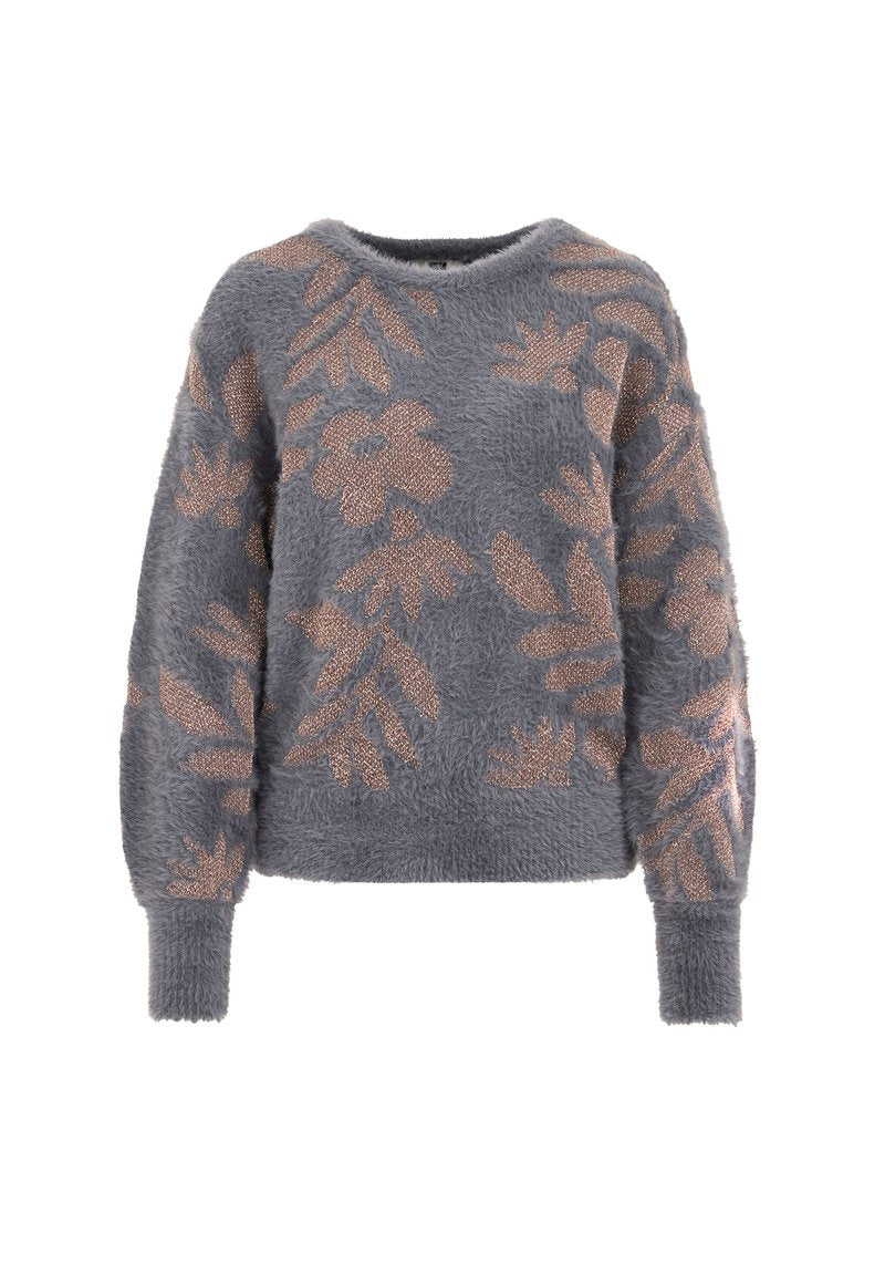 Grauer Pullover mit langen Ärmeln, strukturiertem Stoff und floralen Mustern in metallischen Roséakzenten. Rundhalsausschnitt und entspannte Passform.