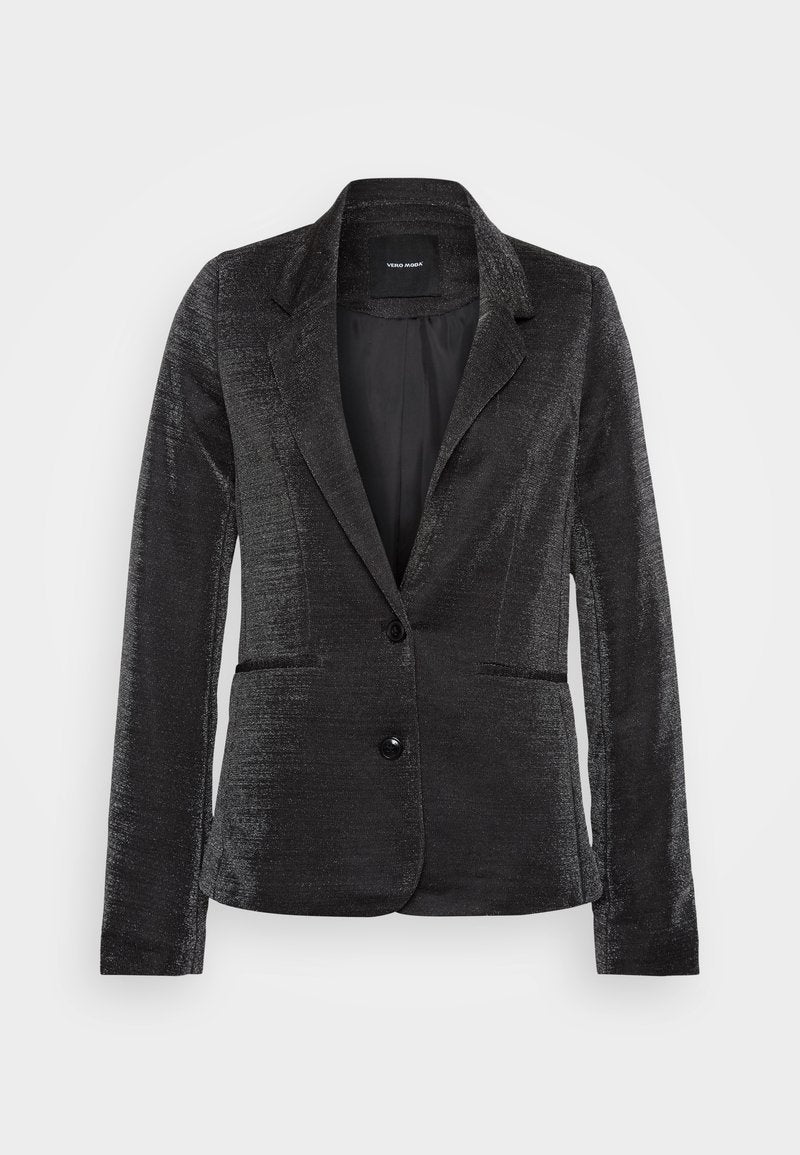 Schwarzer Blazer aus strukturiertem Stoff, mit einem einreihigen Knopfverschluss, zwei Fronttaschen und einem klassischen Reversdesign, das mit einem glatten Innenfutter ausgestattet ist.