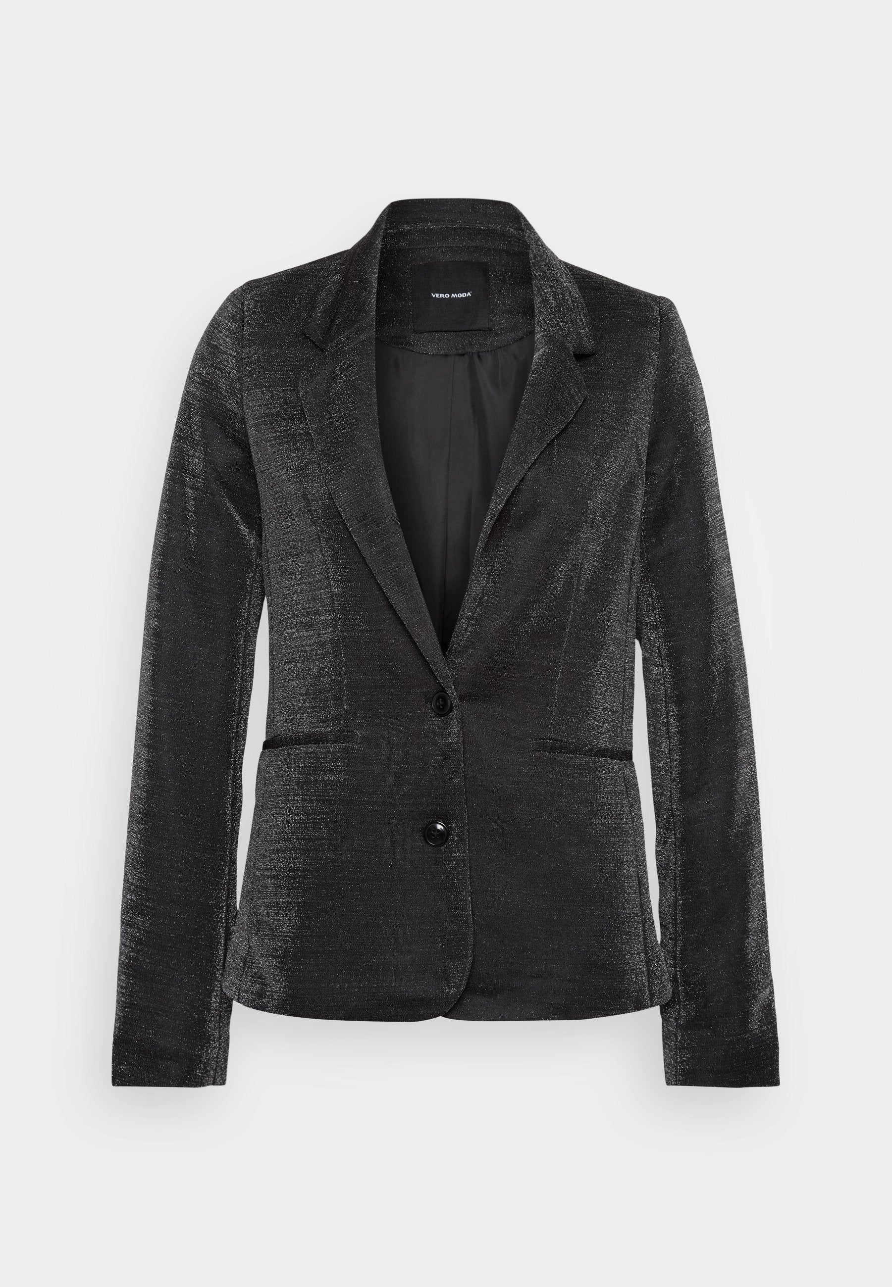 Schwarzer Blazer aus strukturiertem Stoff, mit einem einreihigen Knopfverschluss, zwei Fronttaschen und einem klassischen Reversdesign, das mit einem glatten Innenfutter ausgestattet ist.