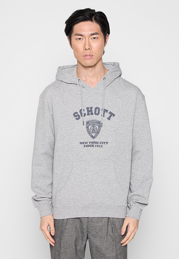Grauer Kapuzenpullover aus Baumwollmischung mit einer Fronttasche, verstellbarer Kordelkapuze und dunkelblauem Logoaufdruck auf der Brust.