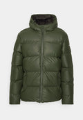Grüne Daunenjacke mit Kapuze, mit glänzender Oberfläche, gestepptem Design, Frontreißverschluss und seitlichen Taschen.