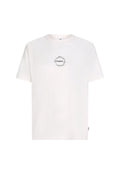 Weißes Baumwoll-T-Shirt mit rundem Halsausschnitt und kurzen Ärmeln. Mit einer kreisförmigen schwarzen Grafik, die in der Mitte "ONEILL" sagt.