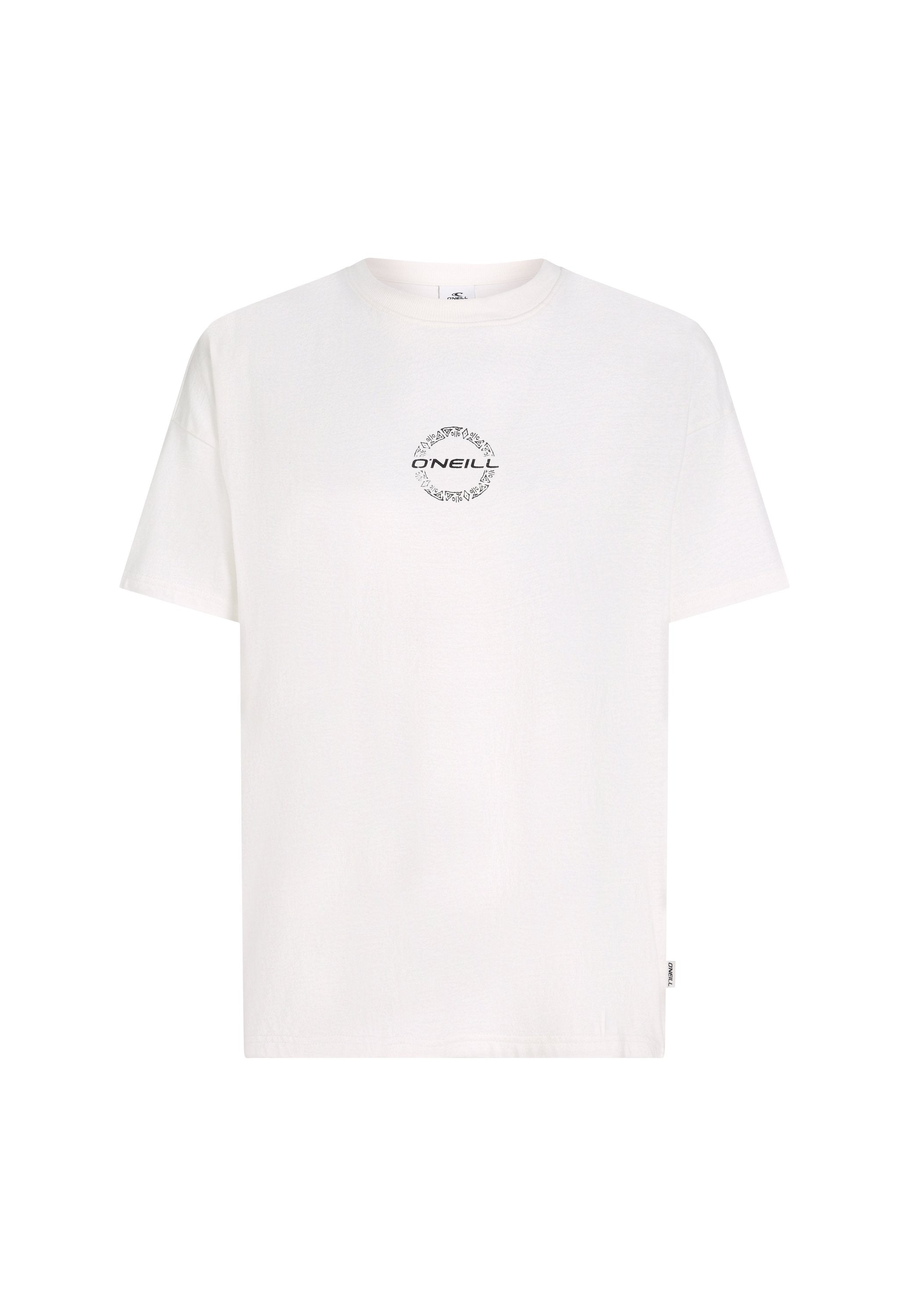 Weißes Baumwoll-T-Shirt mit rundem Halsausschnitt und kurzen Ärmeln. Mit einer kreisförmigen schwarzen Grafik, die in der Mitte "ONEILL" sagt.
