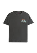 Graues Baumwoll-T-Shirt mit kurzen Ärmeln und Rundhalsausschnitt, mit einem bunten Palmbaum-Graphic im Bereich der linken Brusttasche.