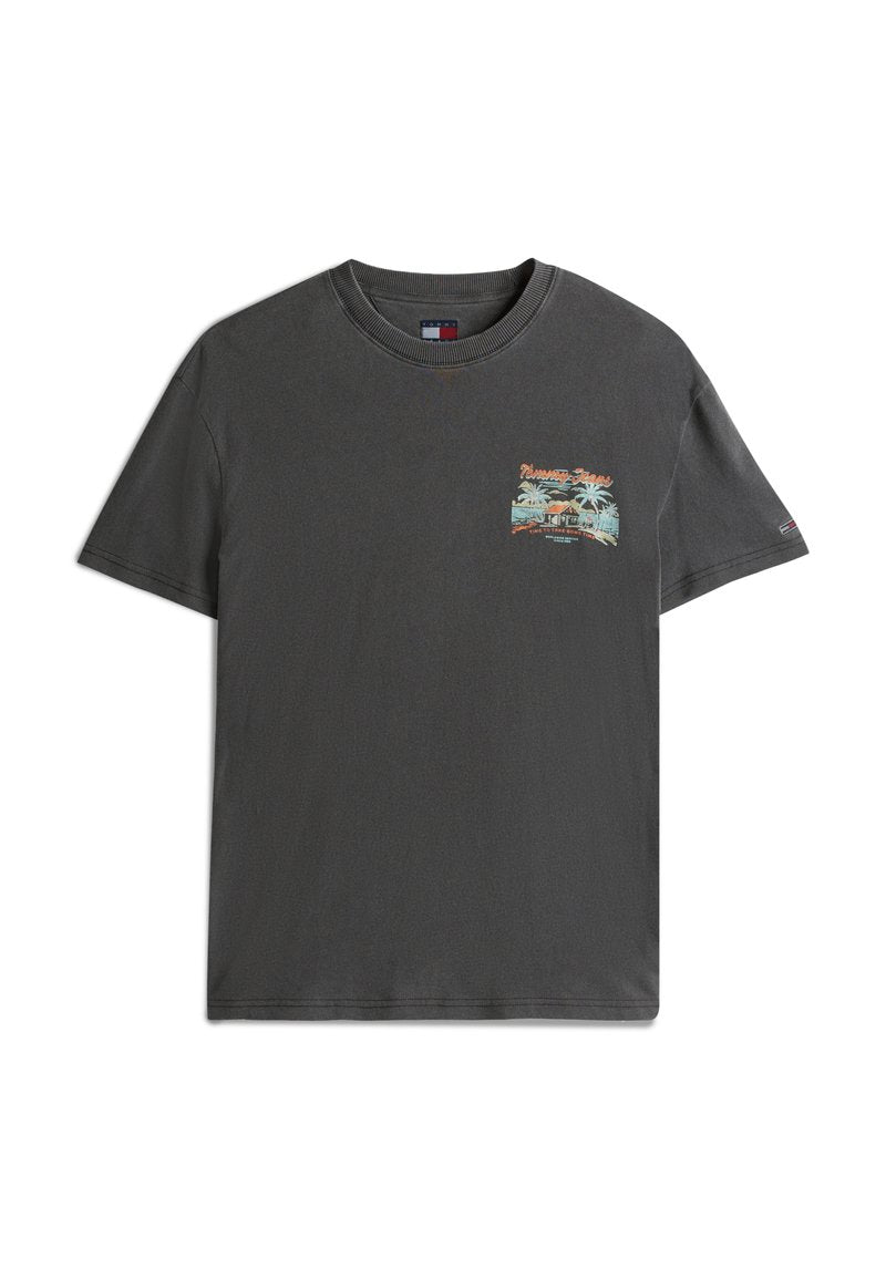 Graues Baumwoll-T-Shirt mit kurzen Ärmeln und Rundhalsausschnitt, mit einem bunten Palmbaum-Graphic im Bereich der linken Brusttasche.