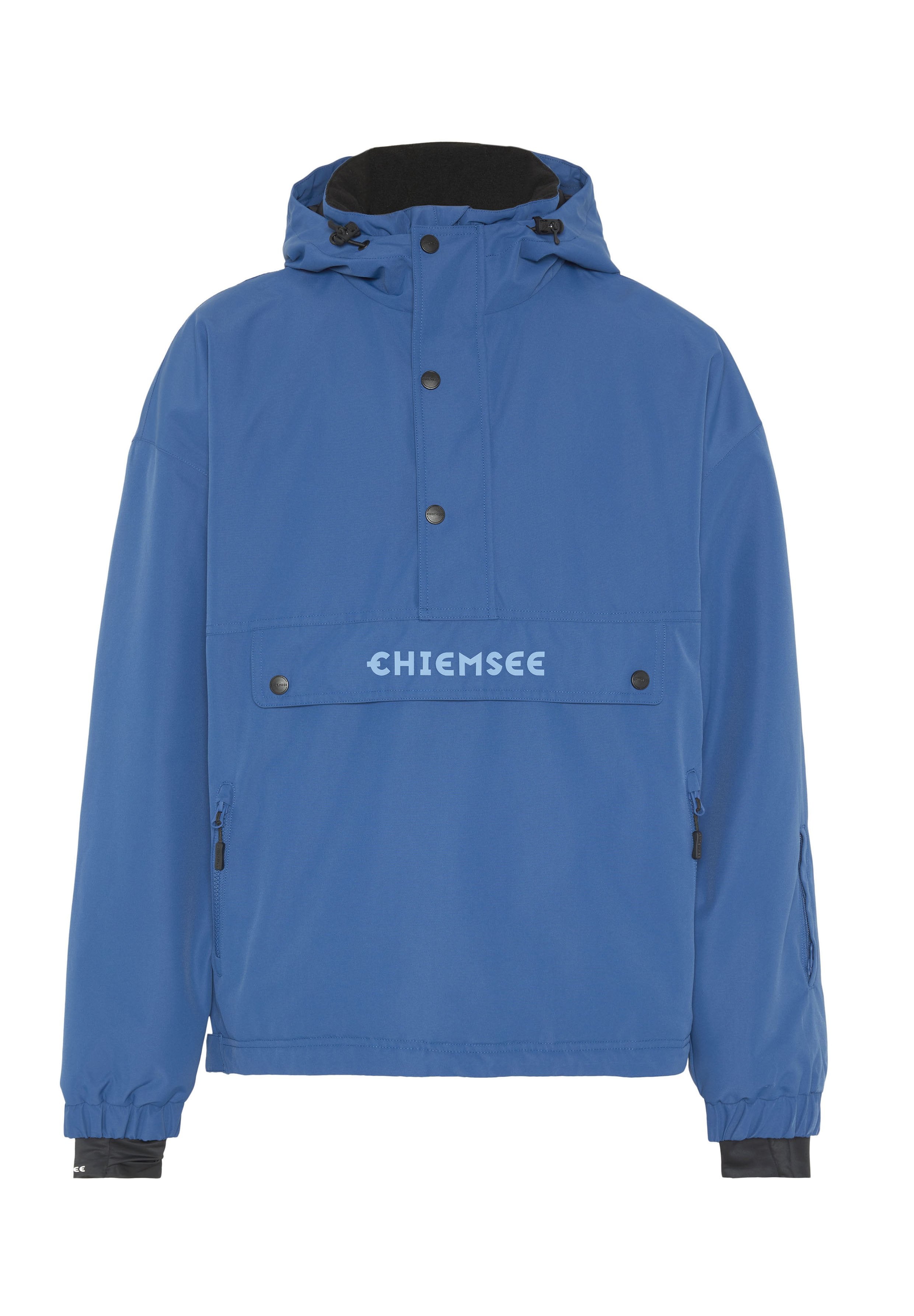 Blauer Pullover mit Kapuze, Verschluss mit Druckknöpfen vorne, Brusttasche, Reißverschluss an der Seite und elastischen Bündchen. Verfügt über ein strukturiertes Gewebe und ein Logodetail.